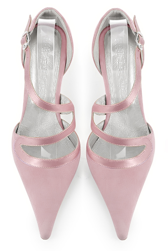 Light pink women's open side shoes, with snake-shaped straps. Pointed toe. Medium spool heels. Top view - Florence KOOIJMAN